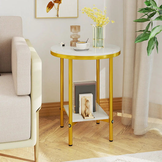 2-Tier round coffee table with storage shelf, white top and gold frame with four decor items on Tampa Home & Garden Store