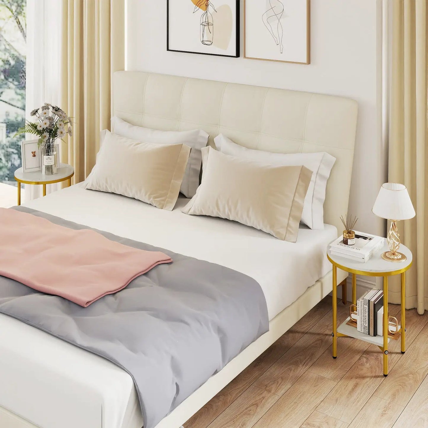 2-Tier Round Coffee Tables with Storage Shelf in white with gold metal frame beside a bed on Tampa Home & Garden Store