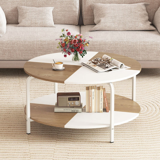2-Tier Round Coffee Table Metal Frame with Storage Shelf - Tampa Home & Garden Store