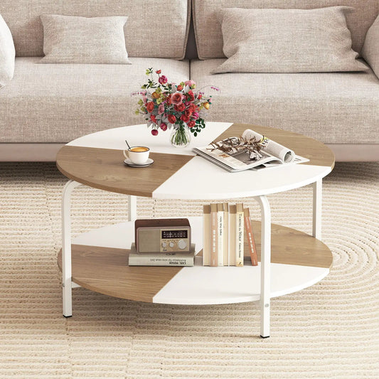 Two-tier round coffee table with wood-tone top and white metal frame; lower shelf with books on Tampa Home & Garden Store