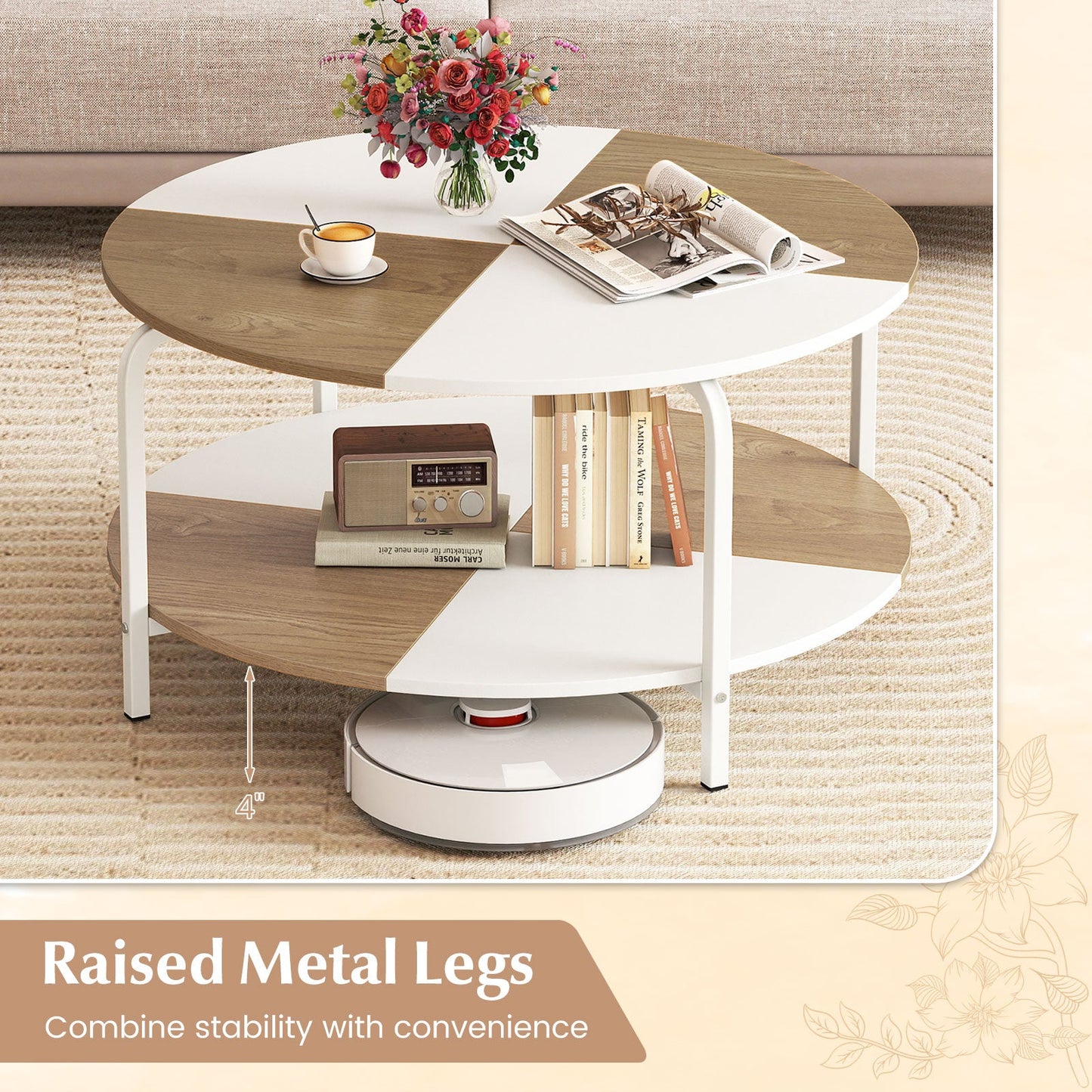 Two Tier Round Coffee Table with White Wood Finish Top, Metal Frame and Lower Wood Shelf on Tampa Home & Garden Store