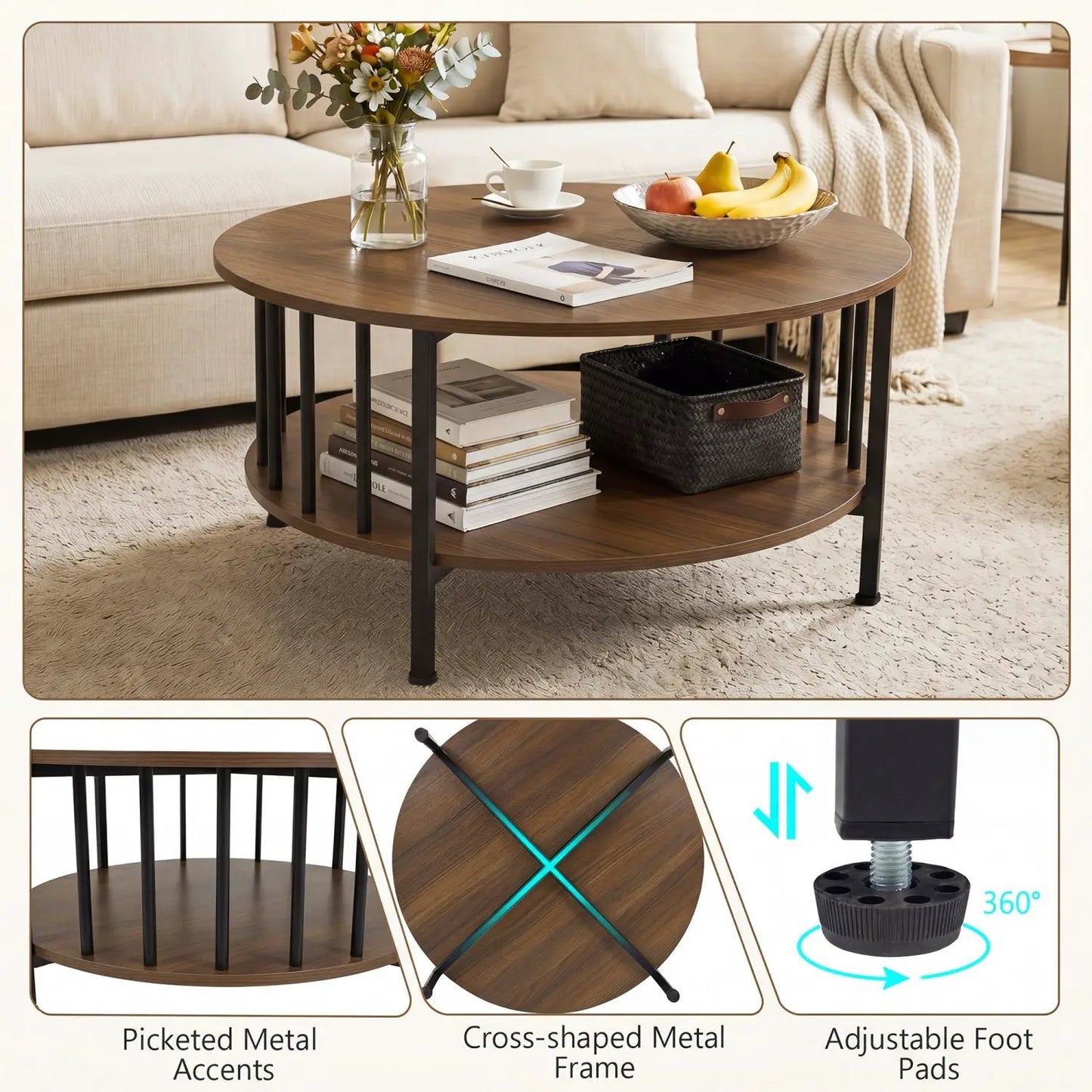 Round Coffee Table with Storage and Metal Frame