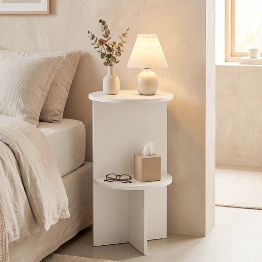 Round white 2-tier side table with storage shelf beside beige sofa on Tampa Home & Garden Store