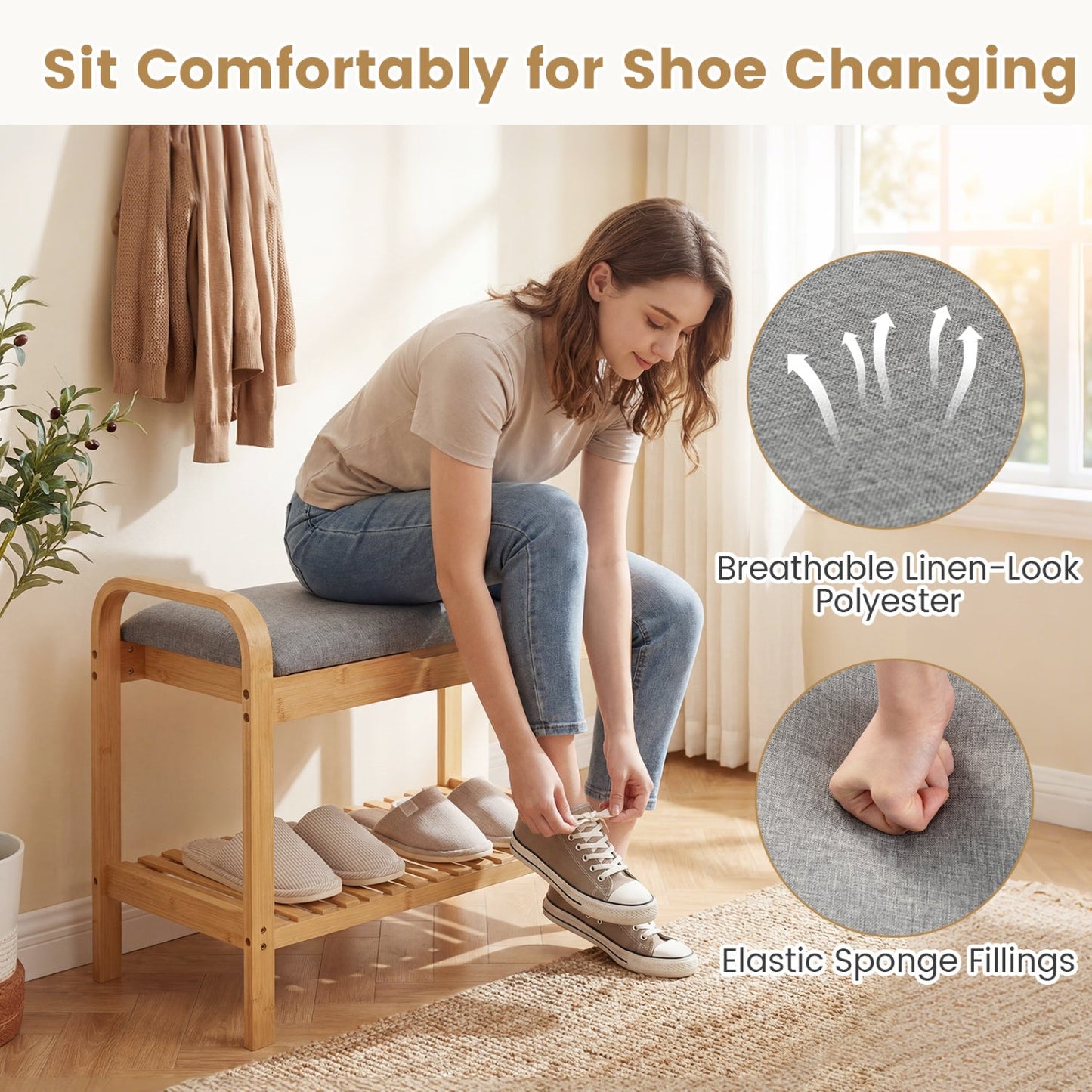 2 Tier Shoe Rack Bench with Flip Top Storage natural wood frame and gray fabric seat on Tampa Home & Garden Store