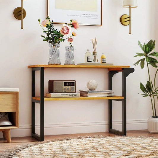 2-Tier Teak Bath Shelf with Towel Rack natural teak wood black metal frame on Tampa Home & Garden Store