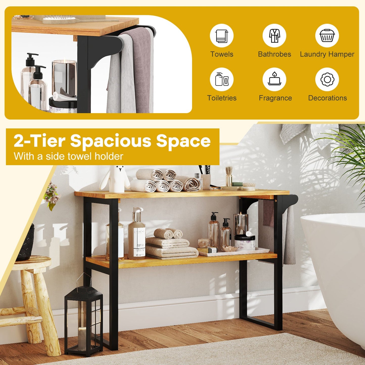 Estantería de baño de madera de teca maciza de 2 niveles con toallero