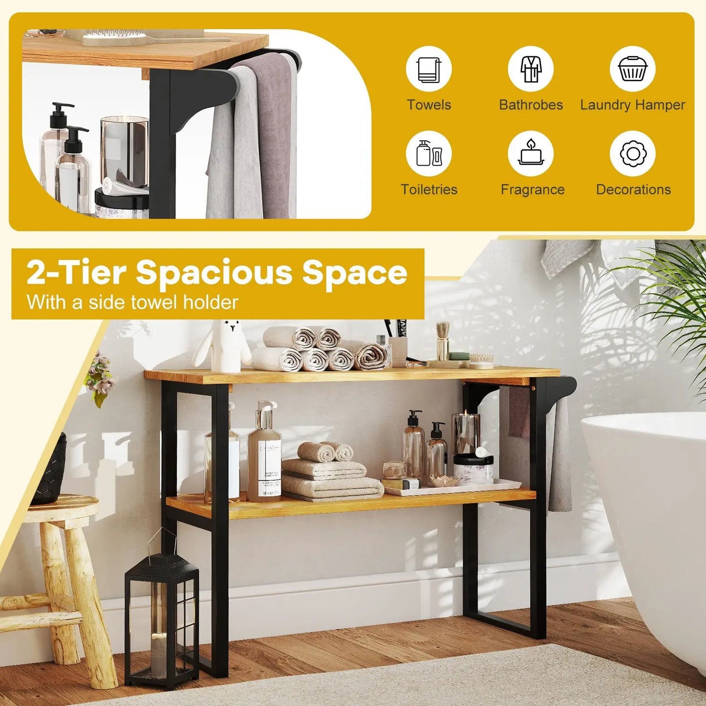 2-Tier Solid Teak Wood Bathroom Shelf with Towel Rack - Tampa Home & Garden Store