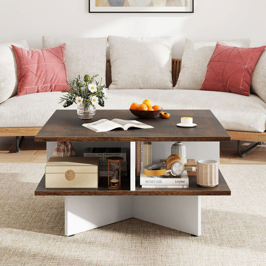 2-Tier Square Coffee Table with 4 Storage Compartments-Rustic Brown - Tampa Home & Garden Store