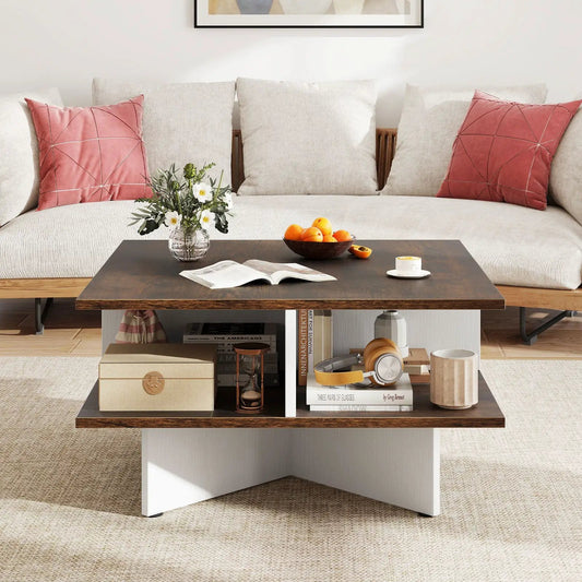 2-Tier Square Coffee Table with 4 Storage Compartments-Rustic Brown - Tampa Home & Garden Store