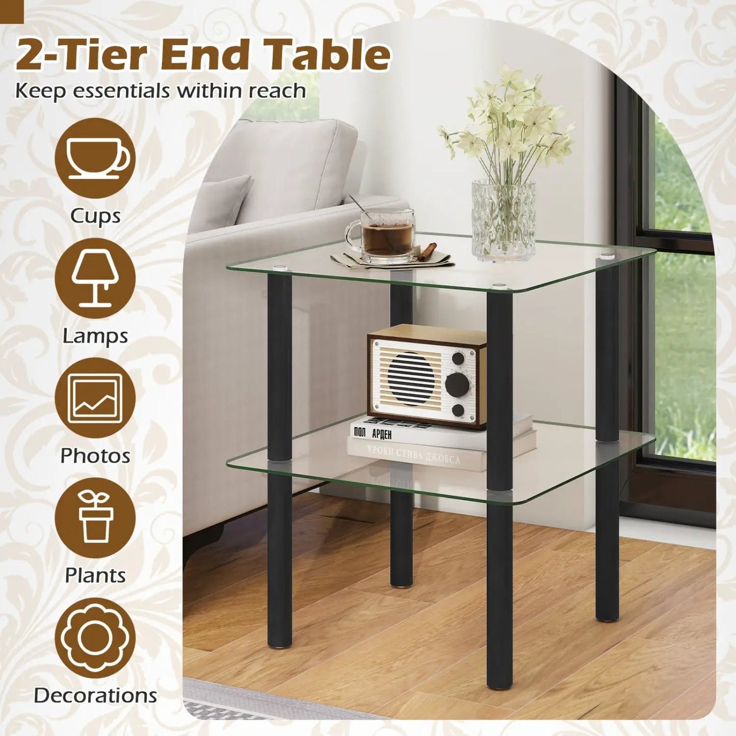 Square End Table With Tempered Glass Top