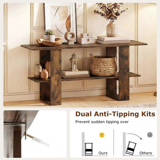 2 Tier TV Stand With Storage for TVs Up to 55 in rustic brown wood finish with open shelves DirectDeals on Tampa Home & Garden Store