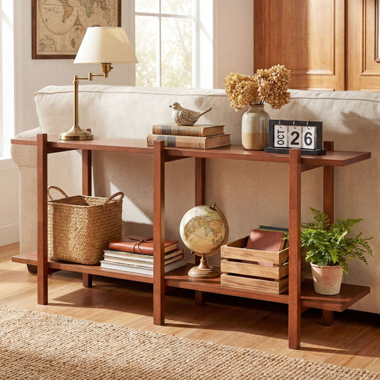2-Tier Wood Bookshelf Low Horizontal Rubberwood Bookcase for Display-Walnut - Tampa Home & Garden Store