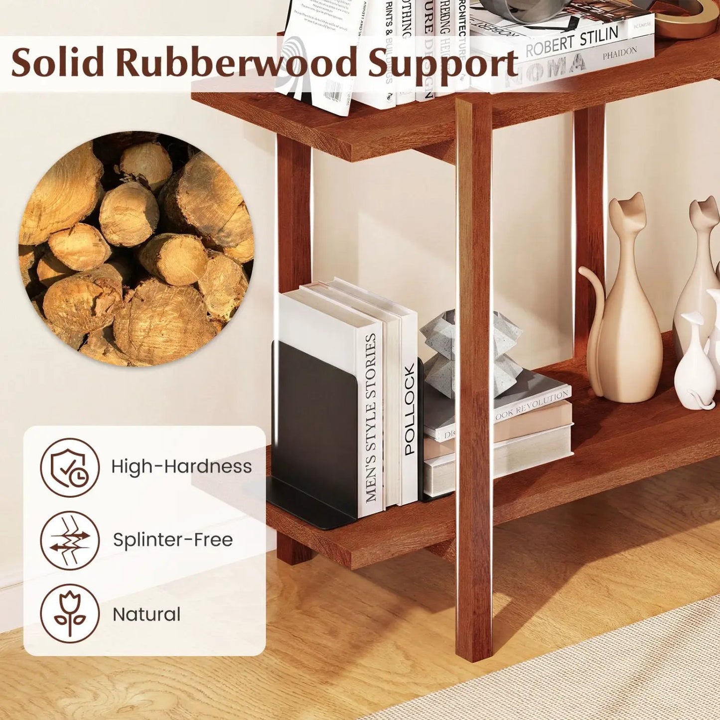 Low walnut rubberwood 2-tier bookshelf for display with books on top and ceramics below on Tampa Home & Garden Store