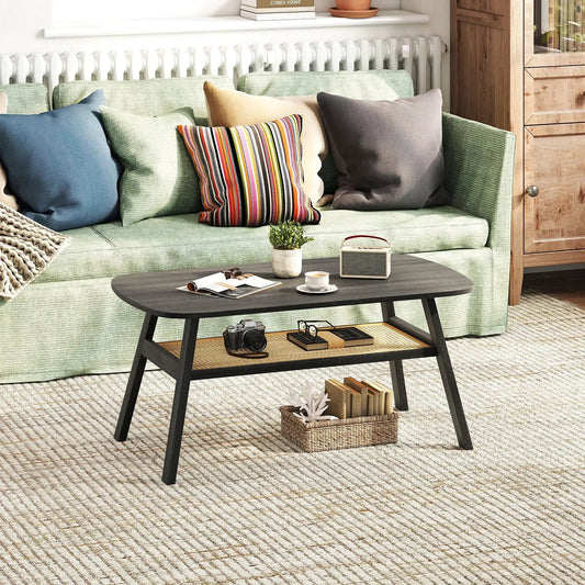 2 Tier Rectangular Coffee Table and Rattan Shelf with dark wood top and black metal legs on Tampa Home & Garden Store