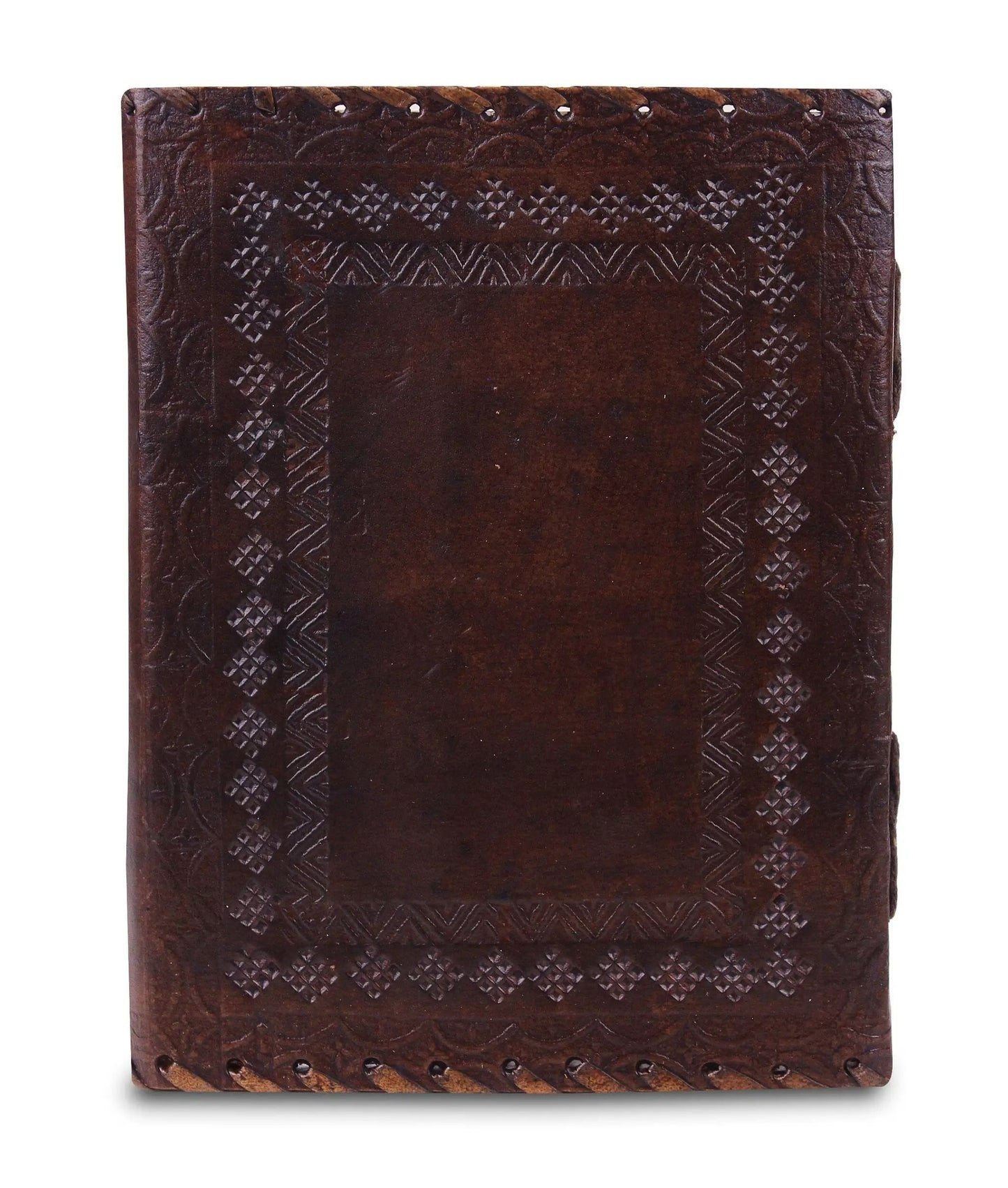 Mohenjo Daro Leather Journal with Lock dark brown leather cover with embossing and punched edges on Tampa Home & Garden Store