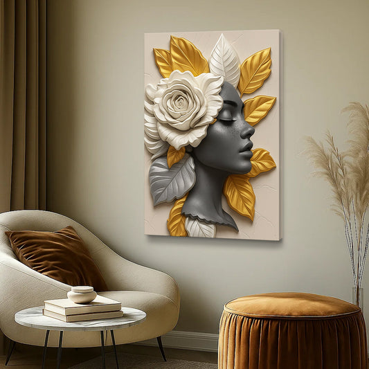Floral Majesty Wall Art III canvas by Tailored Canvases features white rose and gold leaves on Tampa Home & Garden Store