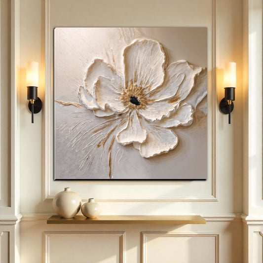 Floral Wall Art III canvas by Tailored Canvases, cream textured flower on gray backdrop on Tampa Home & Garden Store