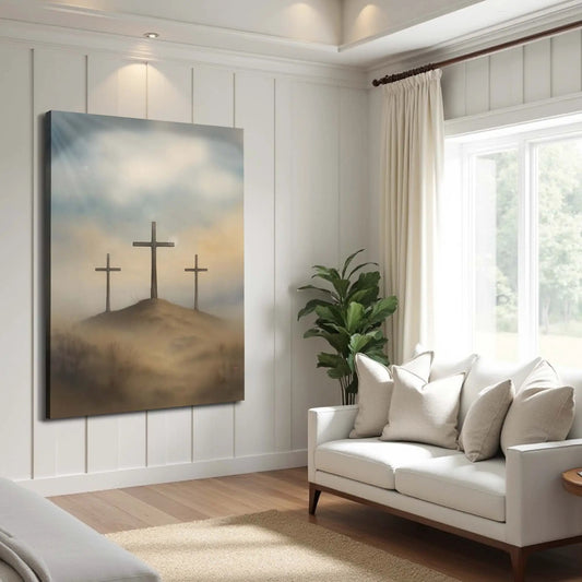 Three Crosses on Calvary Faith Wall Art II canvas by Tailored Canvases with muted sky tones on Tampa Home & Garden Store