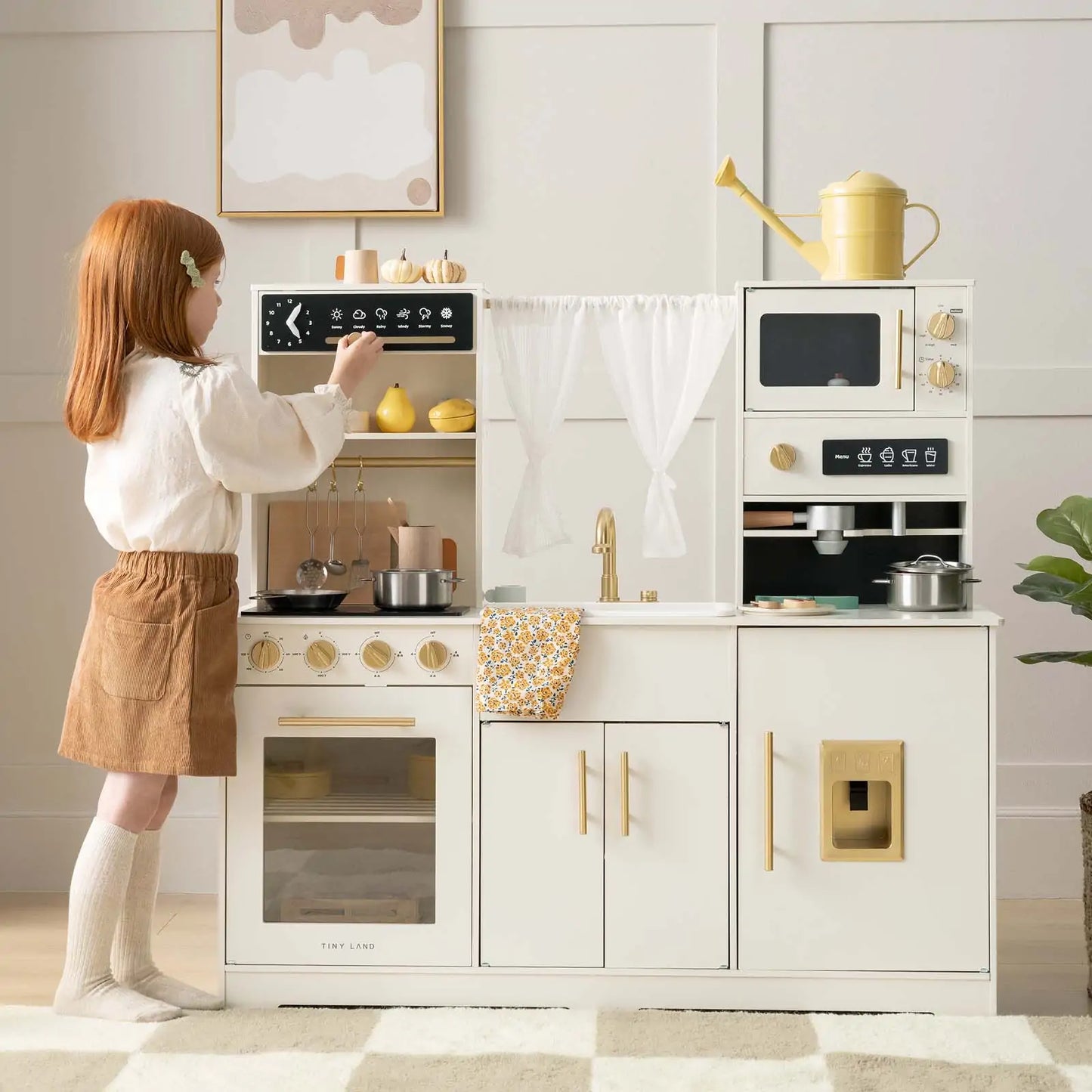 Tiny Land play kitchen with running water in cream and aqua; stove, sink, microwave on Tampa Home & Garden Store
