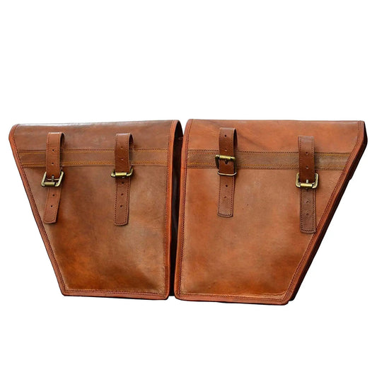 Motorcycle Side Pouch Leather Saddle Bags, pair in brown leather with brass buckles on Tampa Home & Garden Store