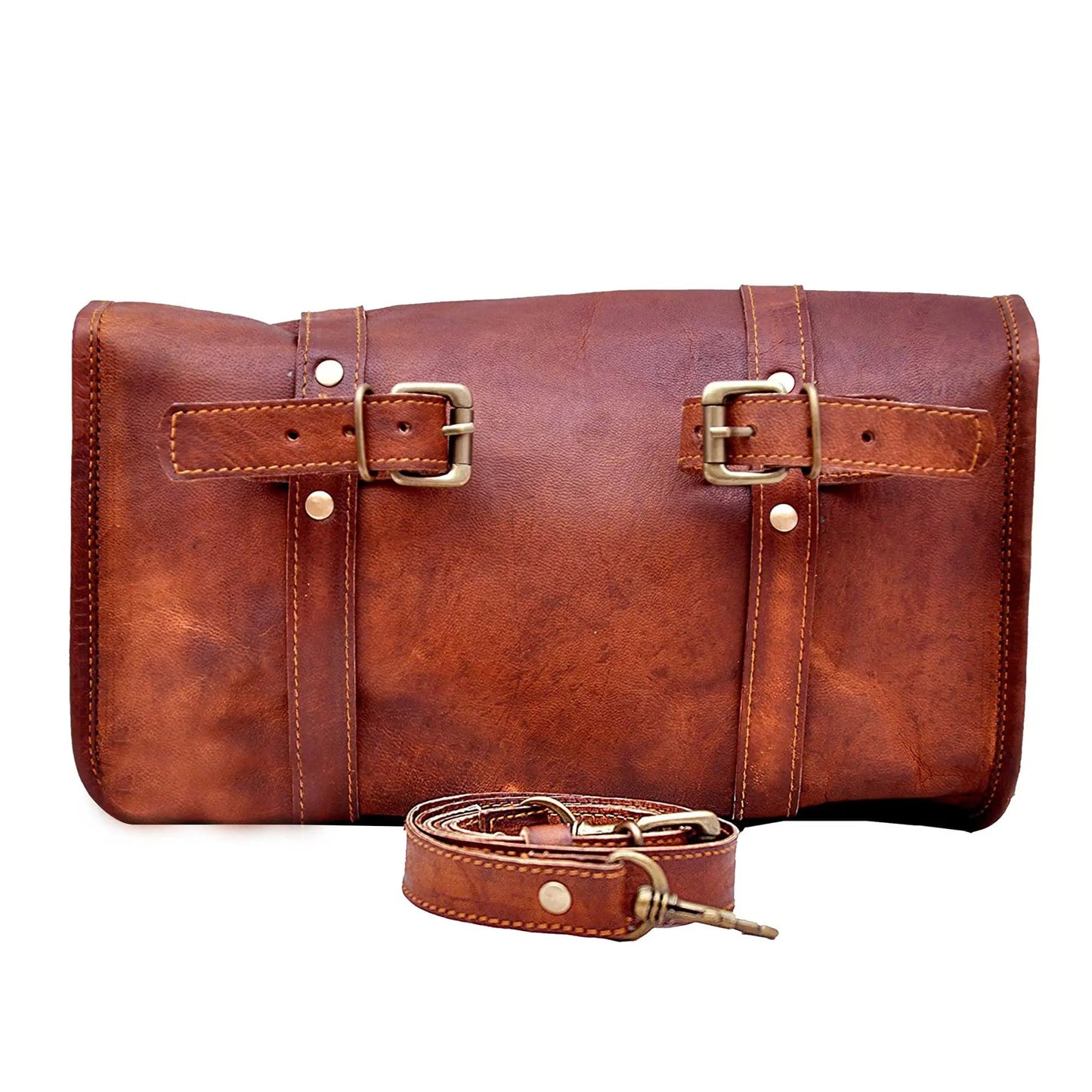 Patrolman Motorbike Side Pouch Leather Saddlebag with brass buckles and straps on Tampa Home & Garden Store