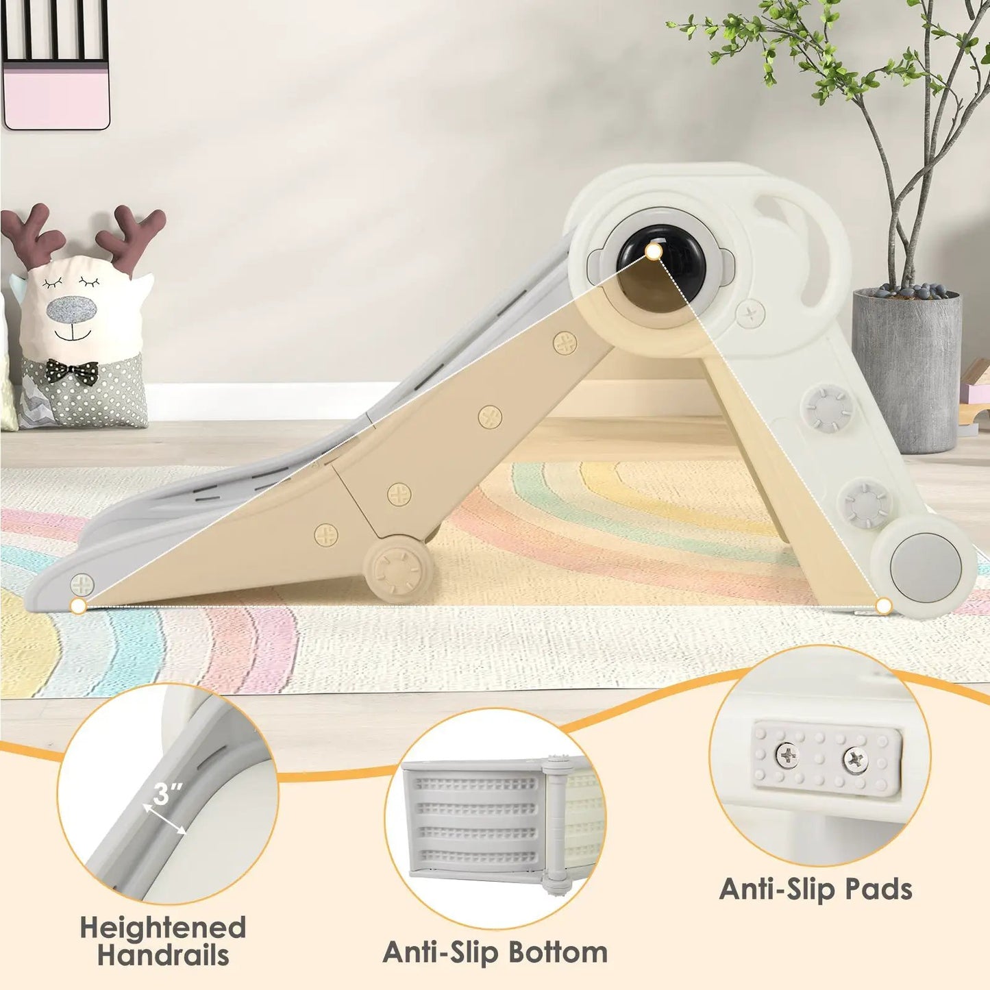 2 in 1 toddler slide climber cream beige with heightened handrails and anti-slip bottom on Tampa Home & Garden Store