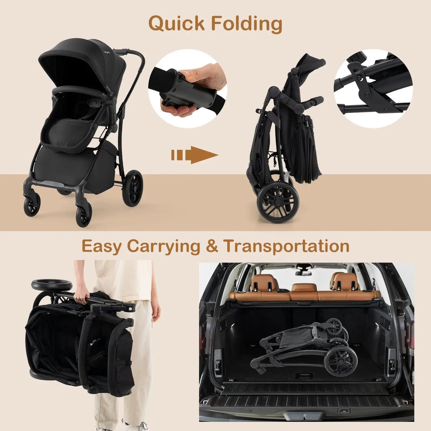 2-in-1 DirectDeals stroller with bassinet and reversible seat, black, shown open and folded on Tampa Home & Garden Store