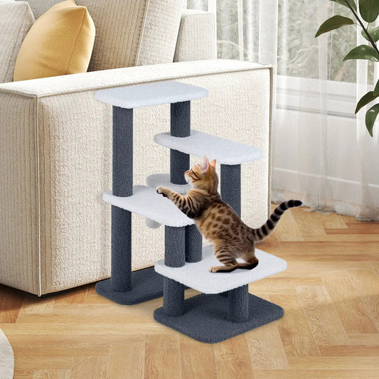 2-in-1 cat stairs and tree with white carpeted steps and dark blue scratching posts on Tampa Home & Garden Store