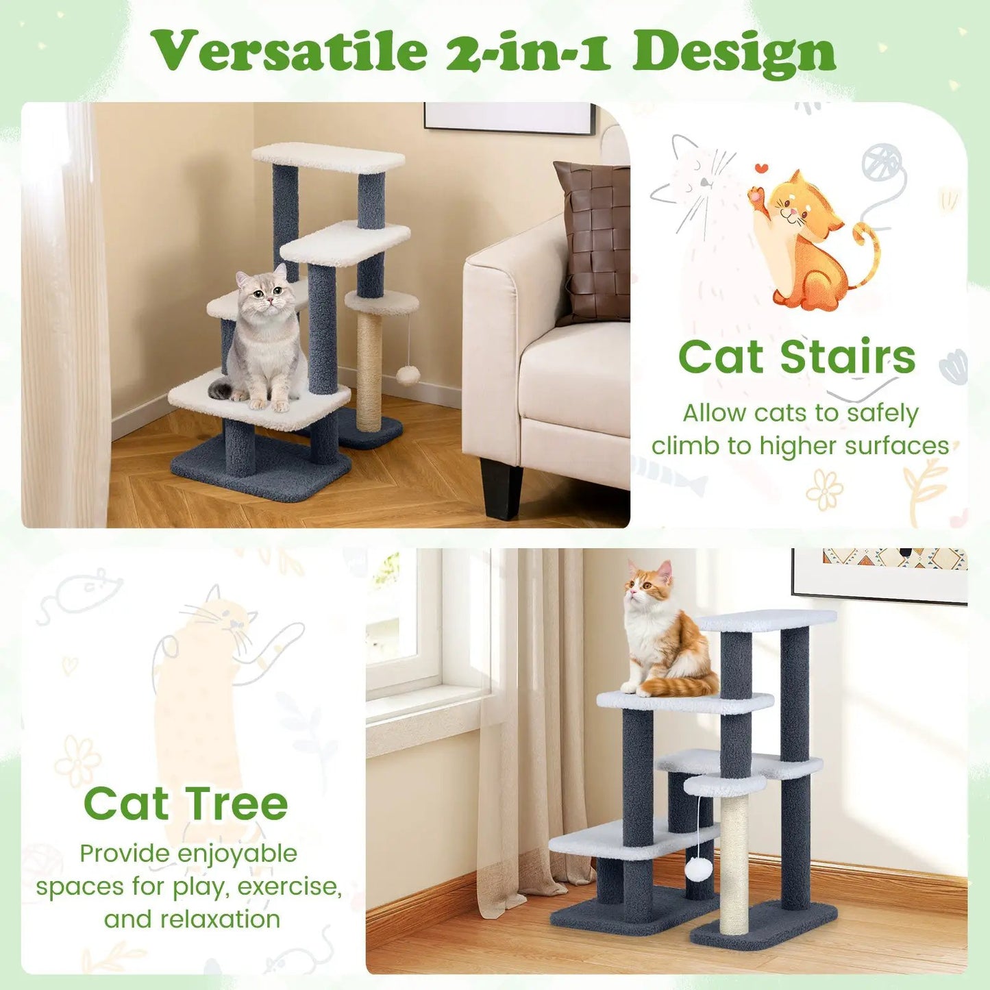2-in-1 Cat Stairs and Tree with Scratching Posts blue-gray and white DirectDeals cat tree by sofa on Tampa Home & Garden Store