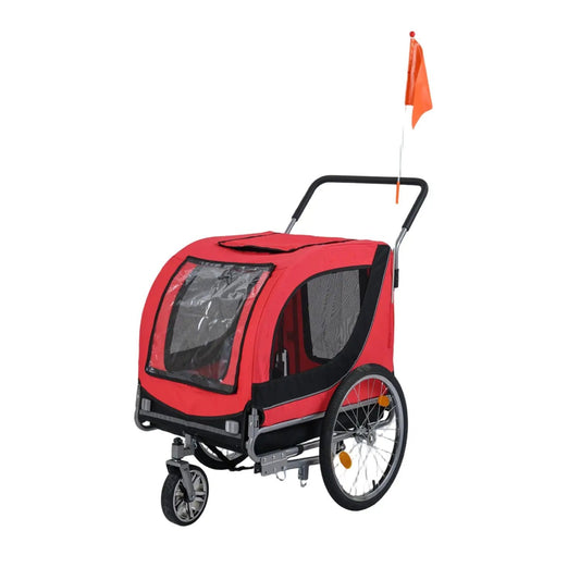 2-in-1 dog bike trailer red with mesh windows and orange flag, universal coupler on Tampa Home & Garden Store