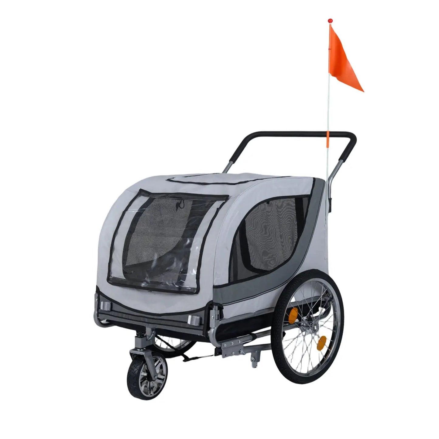 2-In-1 Dog Bike Trailer with Universal Coupler, gray fabric with mesh windows and orange flag on Tampa Home & Garden Store