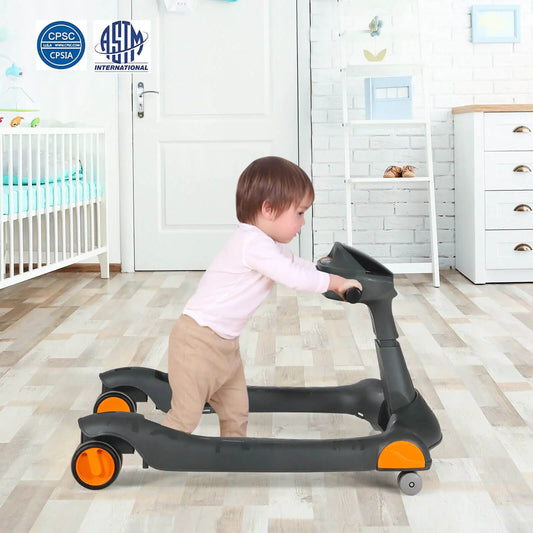 2-in-1 Foldable Activity Push Walker for babies, black frame with orange wheels on Tampa Home & Garden Store