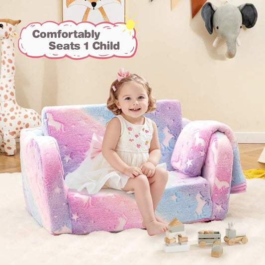 2-in-1 kids couch with glow-in-the-dark blanket in pink-purple plush, DirectDeals play sofa on Tampa Home & Garden Store