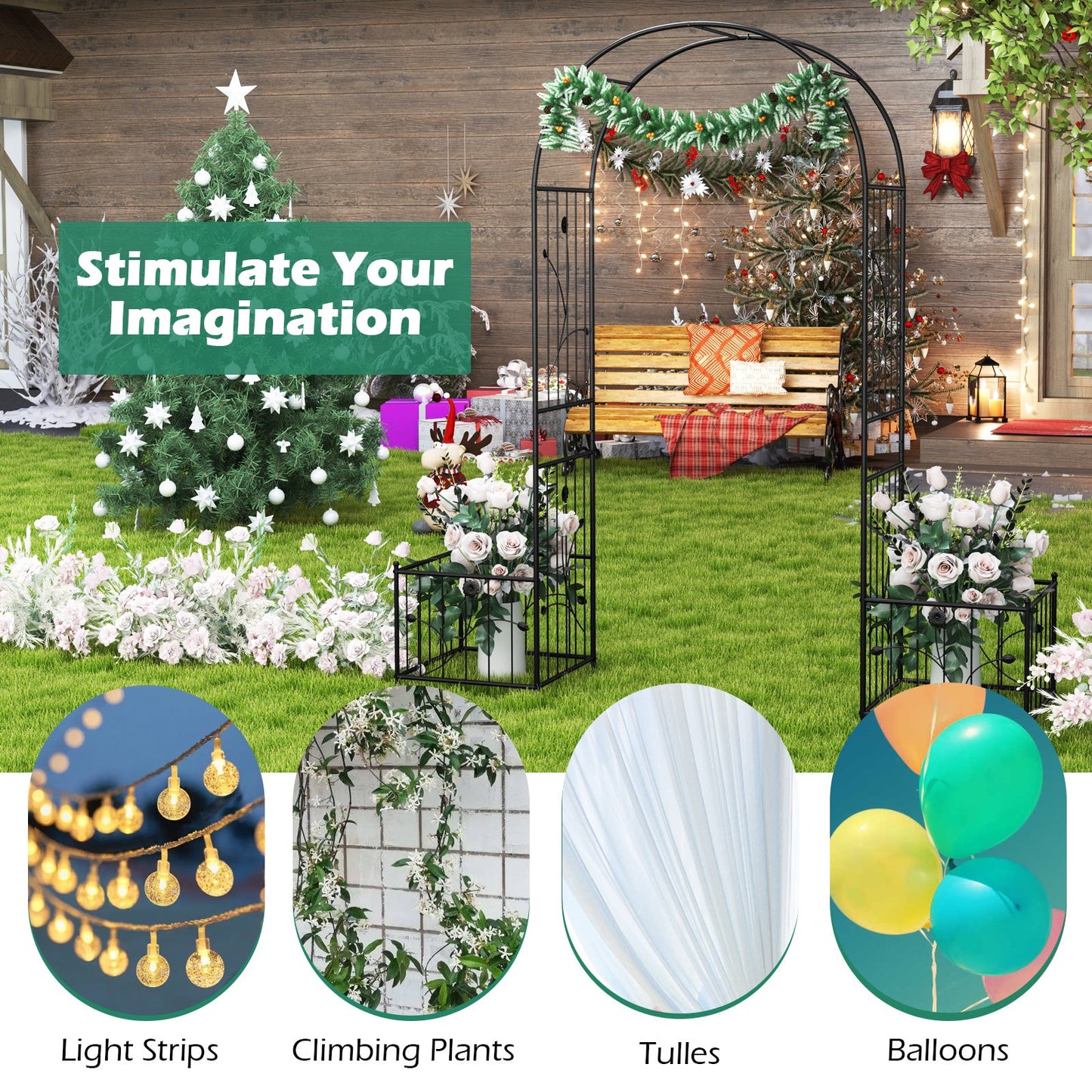 Pérgola de jardín 2 en 1 con 2 jardineras laterales y 8 estacas para suelo - Negro