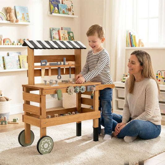2-In-1 Kids Rolling Tool Cart wooden workbench with striped black canopy and assorted toy tools on Tampa Home & Garden Store