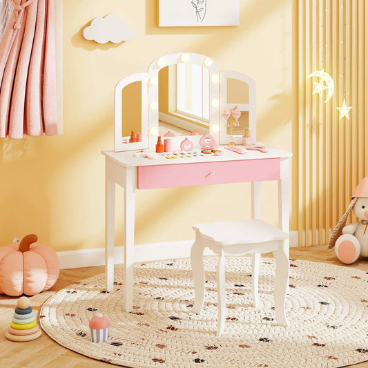 Kids vanity table set with detachable mirror, white frame and pink drawer with lights on Tampa Home & Garden Store