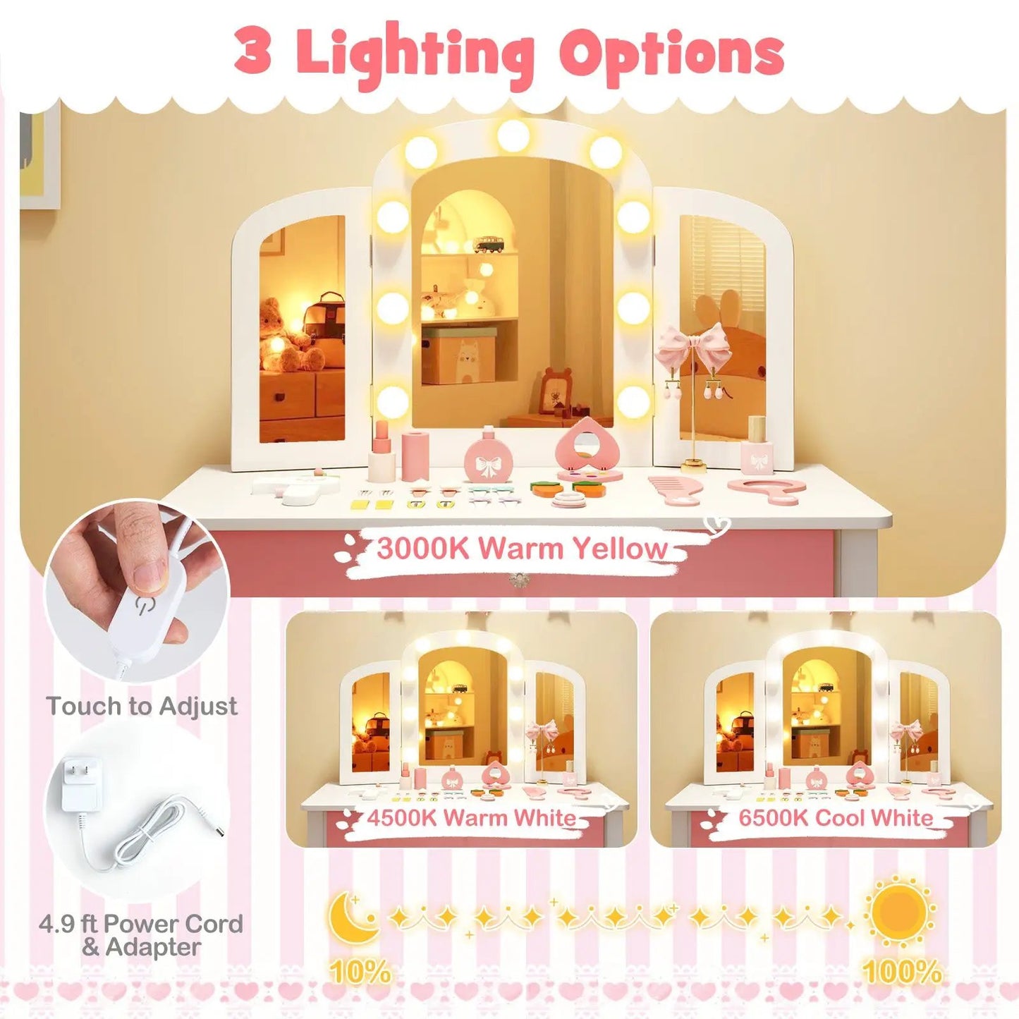Kids Vanity Table Set with Detachable Mirror, pink-white finish, built-in lights DirectDeals on Tampa Home & Garden Store
