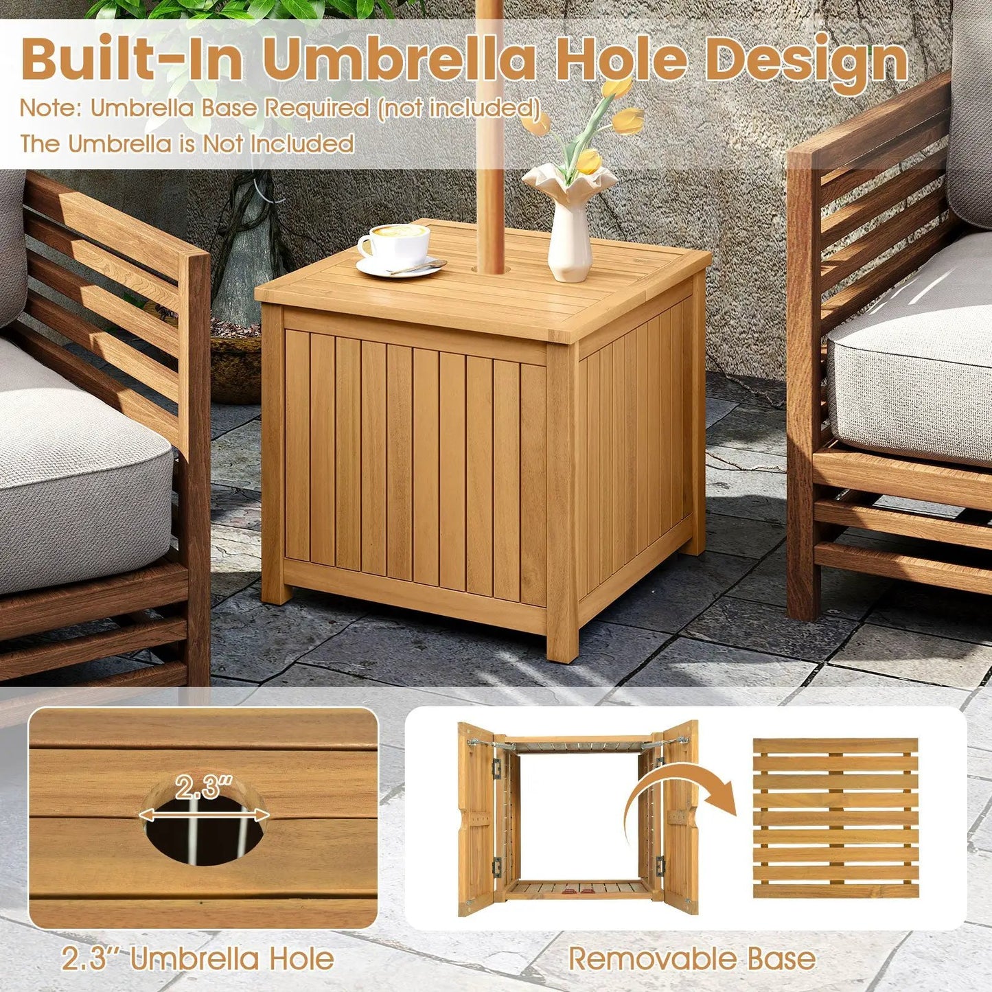 2-In-1 Outdoor Side Table with Storage in acacia wood slatted design with umbrella hole on Tampa Home & Garden Store