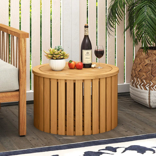 Round wooden outdoor side table with storage, natural finish, slatted sides and wine on Tampa Home & Garden Store