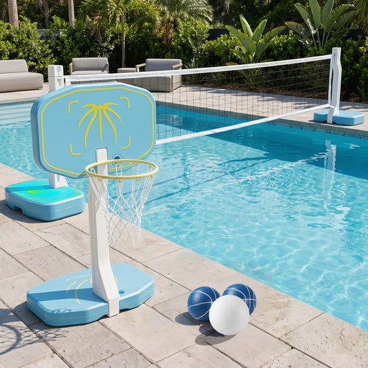 Pool game set: blue DirectDeals hoop with palm-backboard and pool volleyball net, 3 balls on Tampa Home & Garden Store