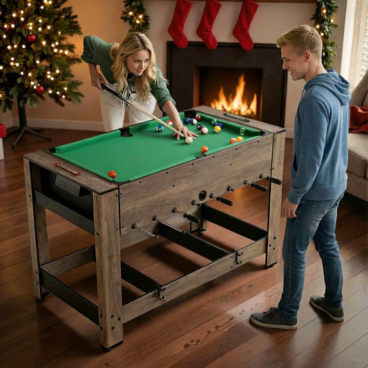 2-in-1 foosball and pool combo table DirectDeals natural wood finish; green felt, two players in a cozy living room by a fireplace on Tampa Home & Garden Store