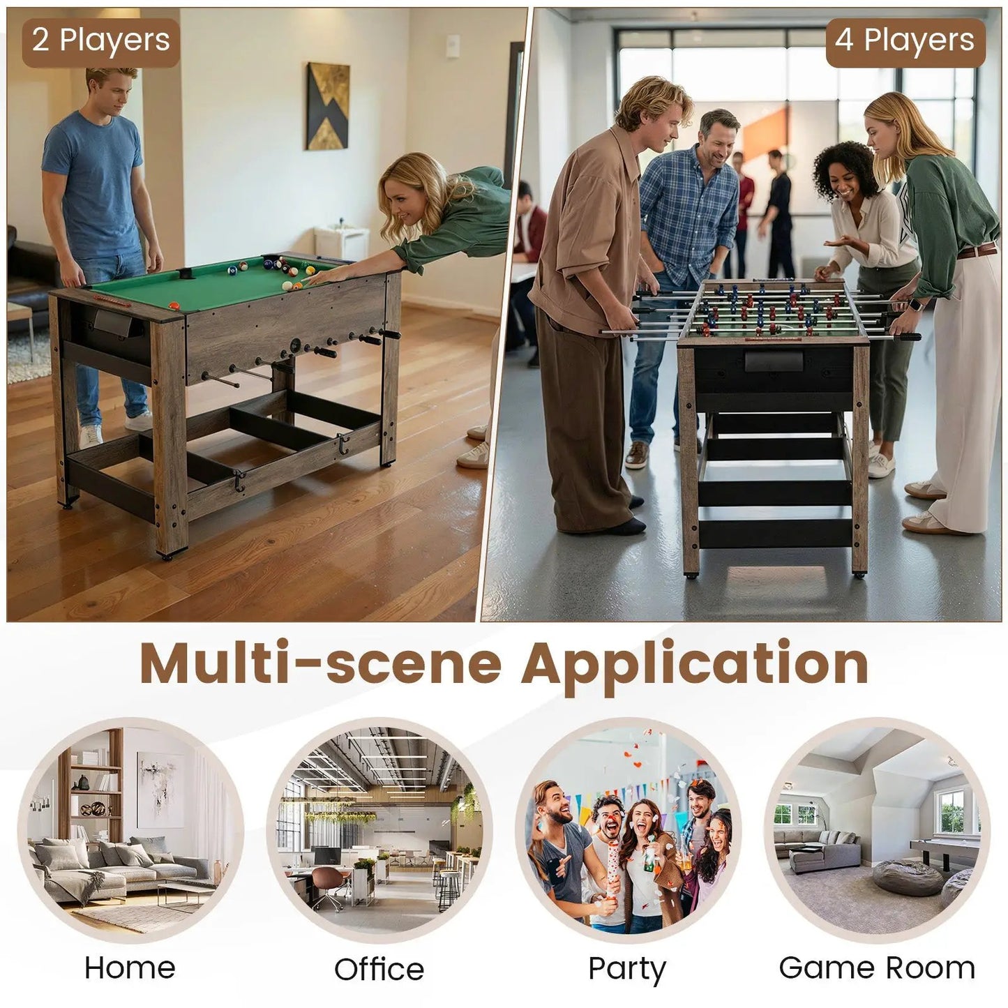 2-in-1 foosball and pool combo table natural wood finish in a two-panel display on Tampa Home & Garden Store