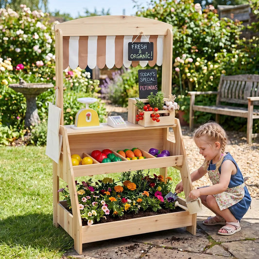 DirectDeals 2-in-1 Wooden Mud Kitchen & Market Stand with planter box, natural wood play set on Tampa Home & Garden Store