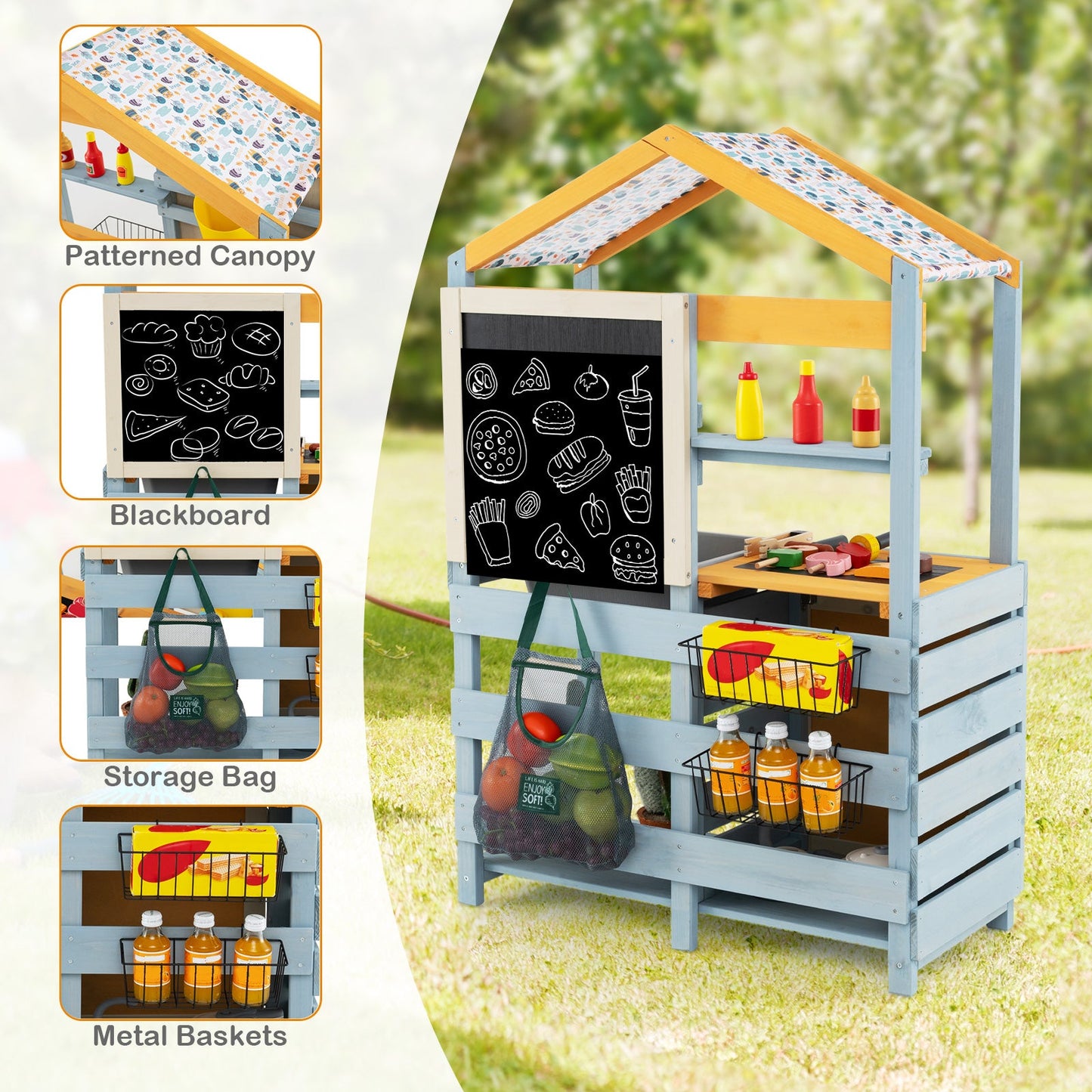2 in 1 Wooden Mud Kitchen chalkboard panel and patterned canopy with water box and storage bag on Tampa Home & Garden Store