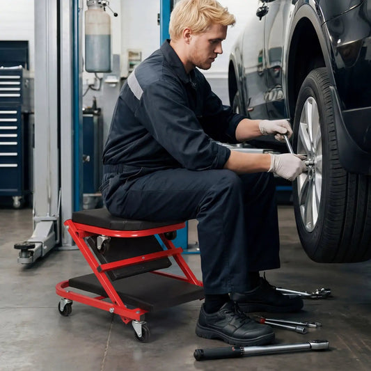 Red 2-in-1 Z-shaped rolling garage creeper stool for mechanic work on Tampa Home & Garden Store