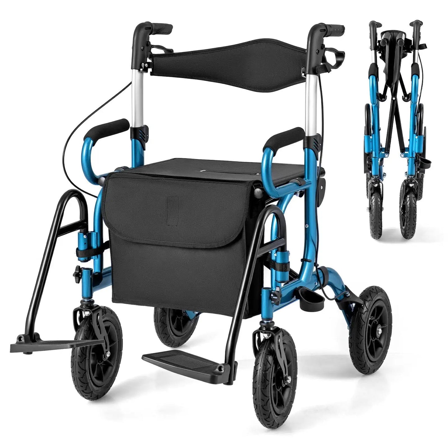 DirectDeals 2-in-1 foldable rollator walker with seat, blue frame, 9in pneumatic tires on Tampa Home & Garden Store