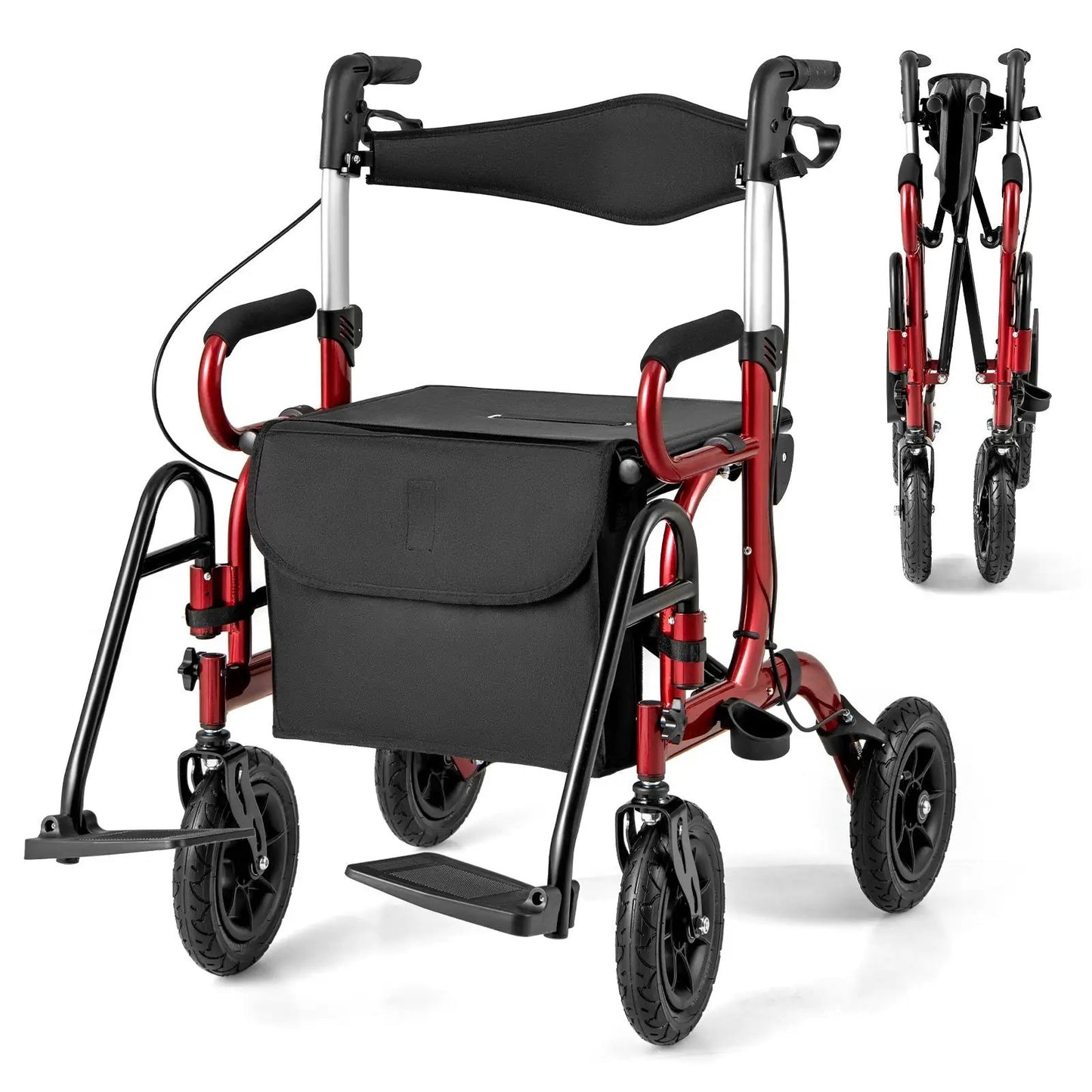 2-in-1 foldable rollator walker with seat red aluminum frame and 9in pneumatic tires on Tampa Home & Garden Store
