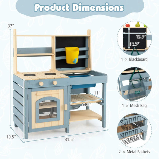 2-In-1 Mud Kitchen with Faucet and Chalkboard, wooden outdoor water table in blue DirectDeals on Tampa Home & Garden Store