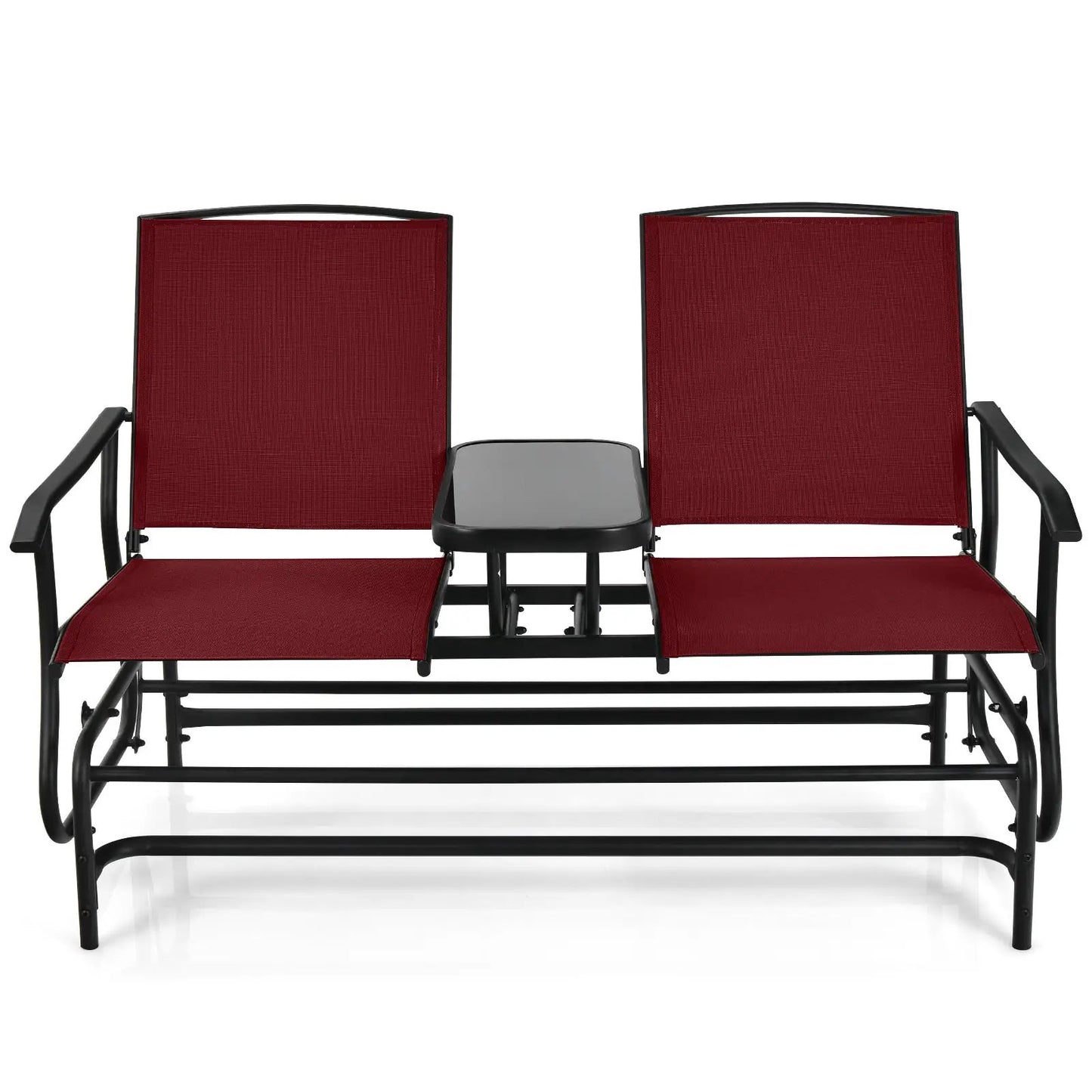 Two Person Rocking Loveseat with red mesh seating and tempered glass center table on Tampa Home & Garden Store