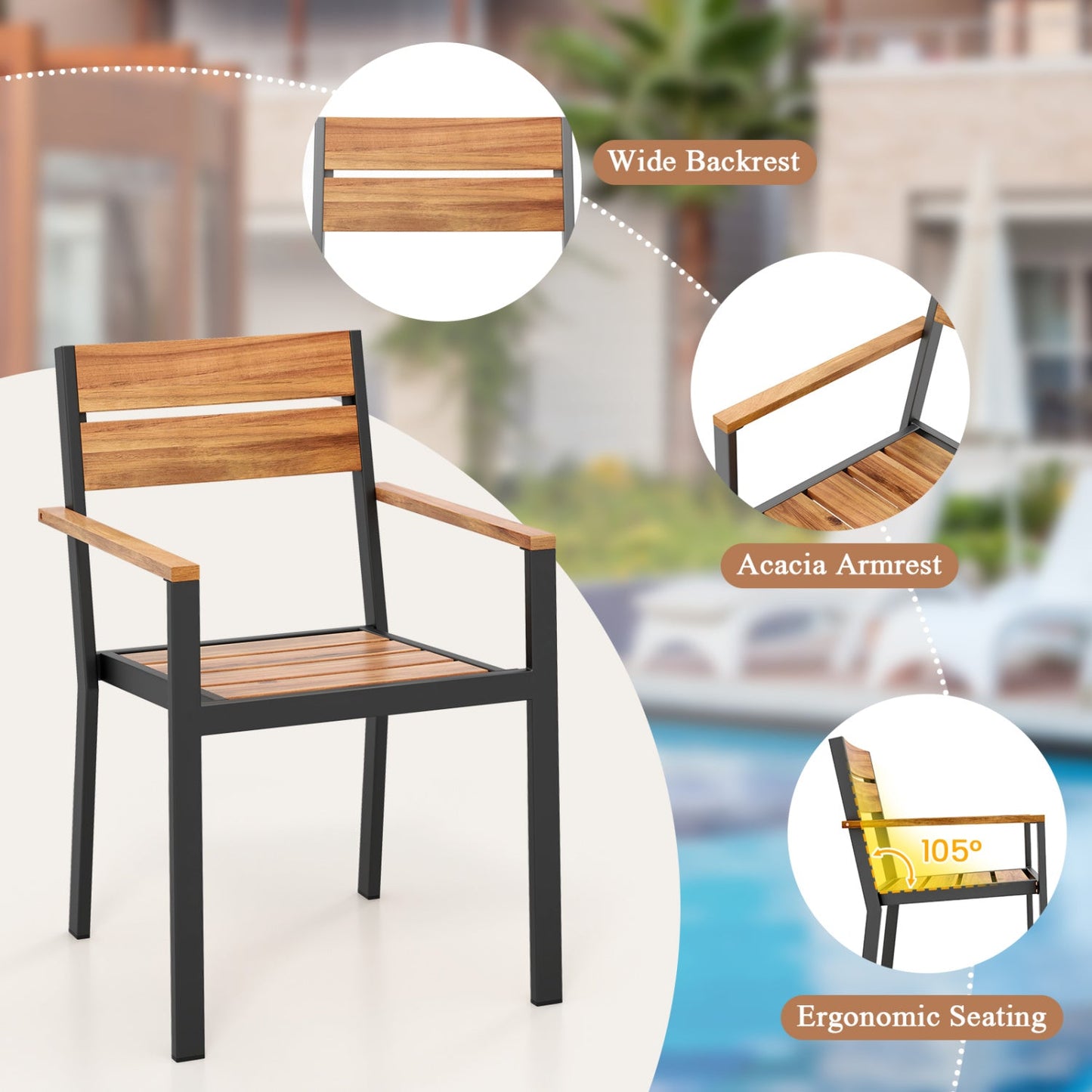 Acacia Wood Patio Chairs Set of 2 with Armrests